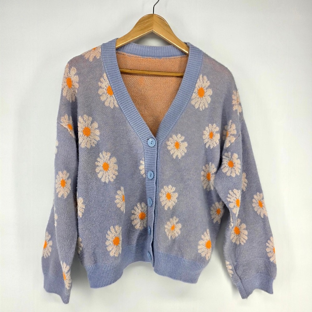 H&M Cardigan Women Large Blue Daisy Floral Roomy V-Neck Knit Button Up Sweater